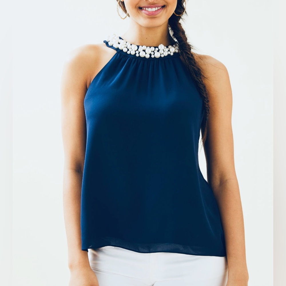 Lilly Pulitzer Shawn Top Pearl Beaded Collar Sleeveless Blouse Women's Size XS